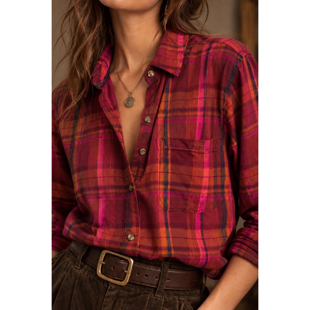 Dark Cottagecore Academia Long Sleeve Plaid Button Down Shirt Pink Orange M